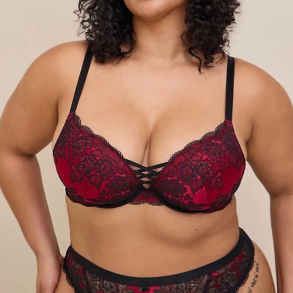 ๐ XO Plunge Push Up Two Tone Lace Straight Back Bra 42DD 42E NWT Torrid New! - Picture 2 of 5